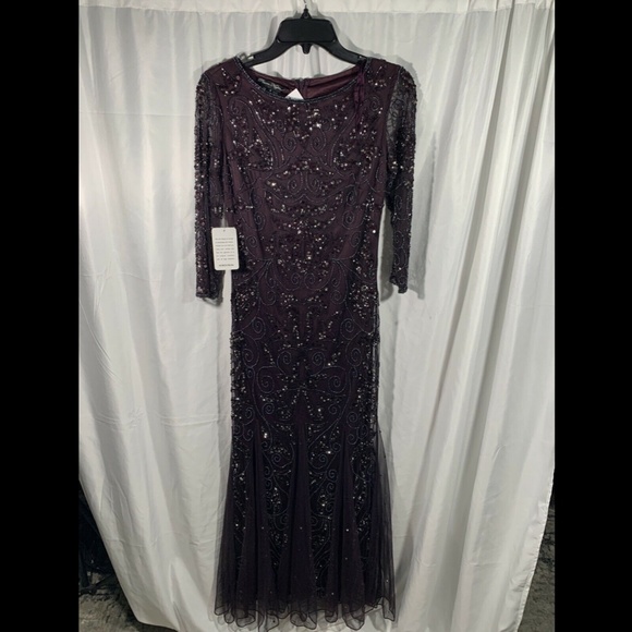 NEW Pisarro Nights Embellished Mesh Gown Eggplant‎ - Picture 7 of 12